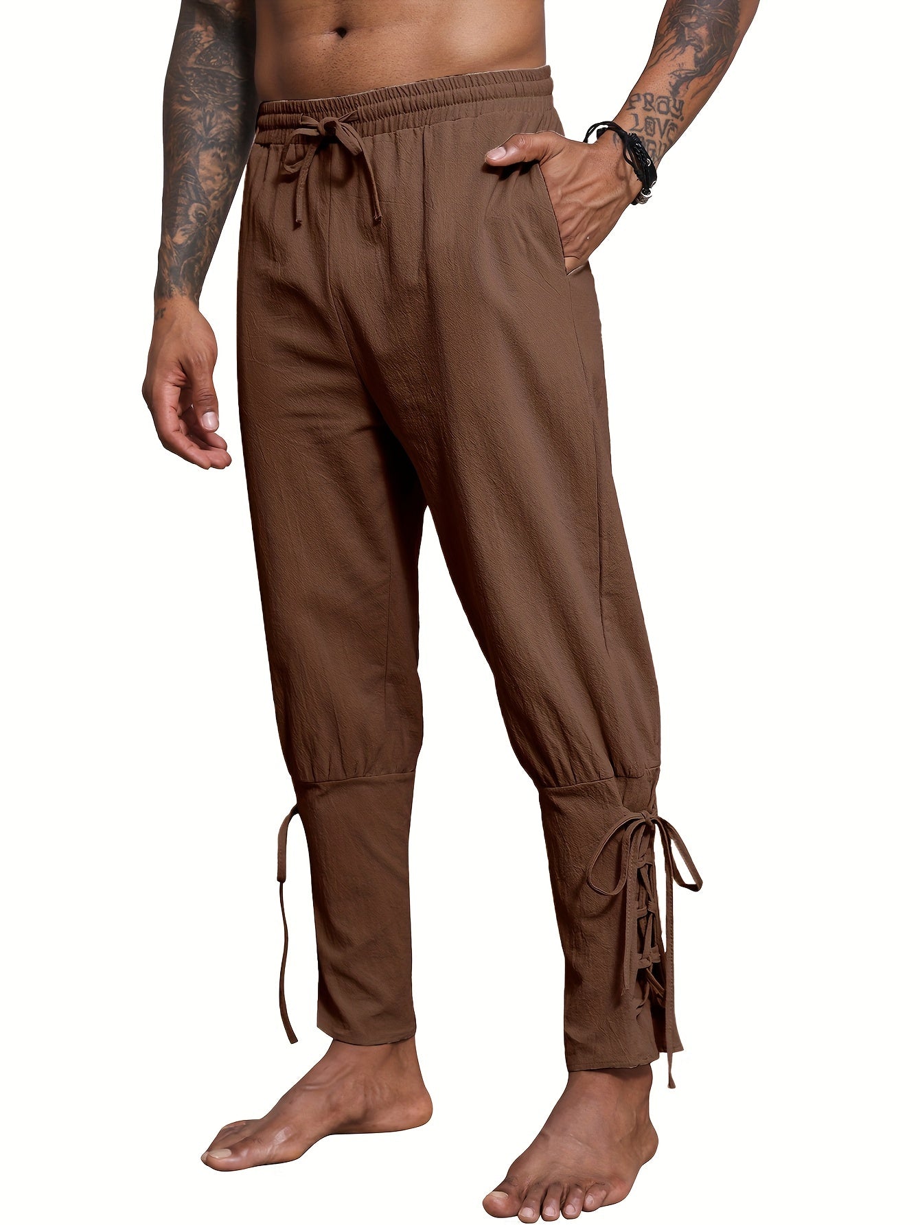 Cotton & Linen Blend Men's Lace Up Bottom Beach Harem Pant Retro Medieval Casual Cosplay Pirate Pants Halloween Streetwear  .As Gift